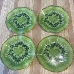 4 Kiwi Fruit Heart Centre Saucer Plate Dish Coaster  Set 8 Inch Green Art Glass